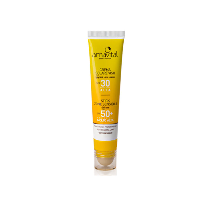 Crema Solare Viso SPF 30 Stick Aree Sensibili SPF 50+ AMAVITAL da 40 ml + 3 ml